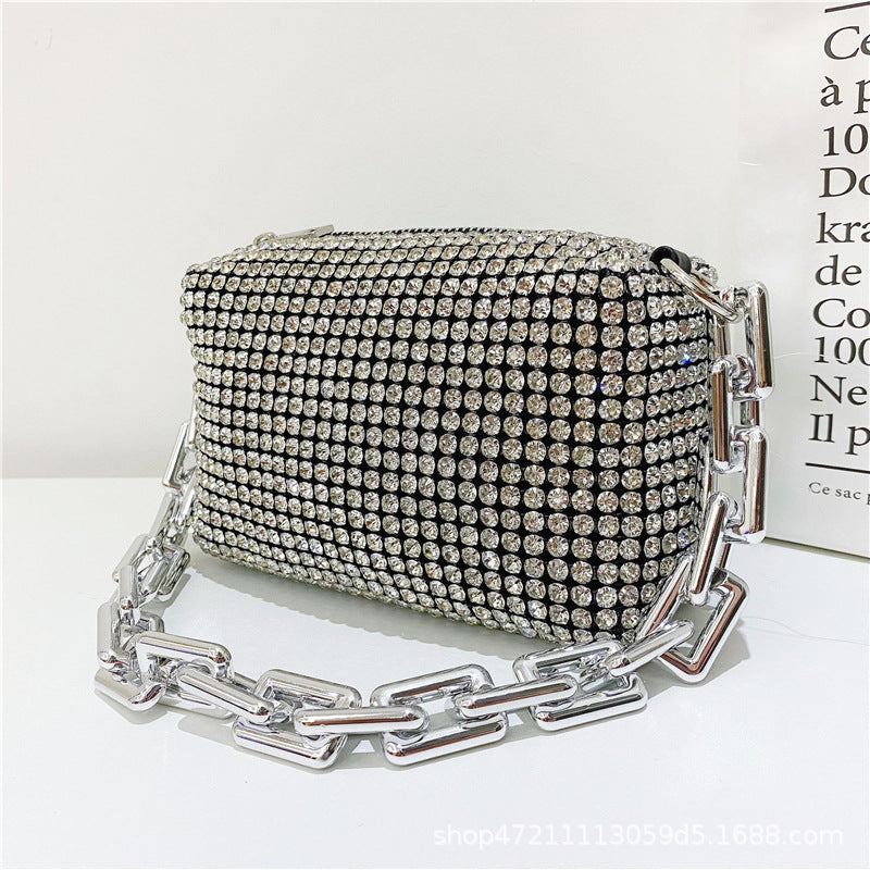 Crystal Rhinestone Evening Clutch Purse – Silver Chain Crossbody Bag with Matching Bracelet