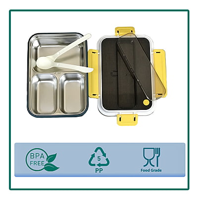Stainless Steel Lunch Box with Spoon & Fork – 1000ml Airtight Tiffin Box for Kids, Women & Men