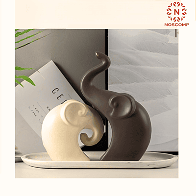 Happy Charm Ceramic Elephant Couple Figurines – Set of 2 Home Decor Statues