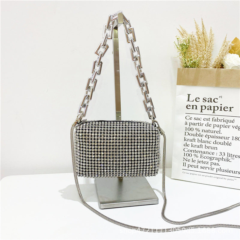 Crystal Rhinestone Evening Clutch Purse – Silver Chain Crossbody Bag with Matching Bracelet
