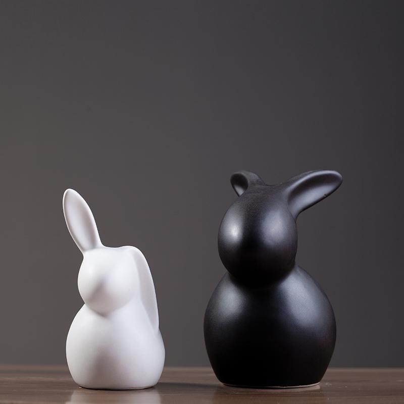 Modern Sitting Ceramic Rabbit Figurines – Set of 2 Minimalist Black & White Bunny Sculptures