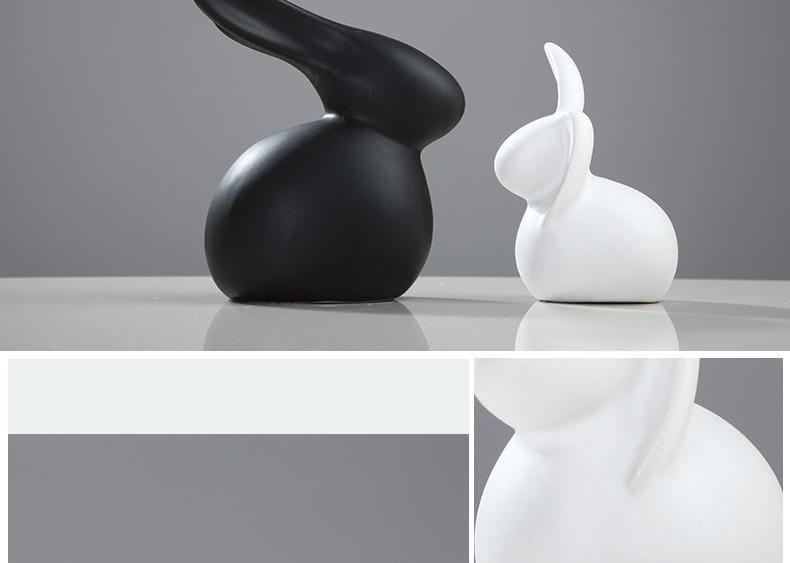 Modern Sitting Ceramic Rabbit Figurines – Set of 2 Minimalist Black & White Bunny Sculptures