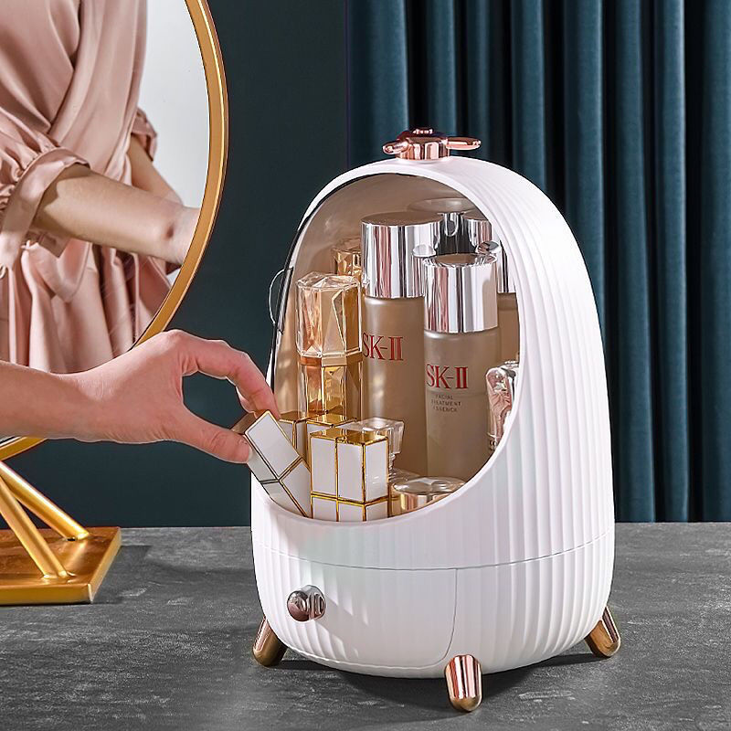 Penguin-Shaped Makeup Organizer with Drawer & Mirror Lid – Cosmetic Storage Box | Green with Rose Gold