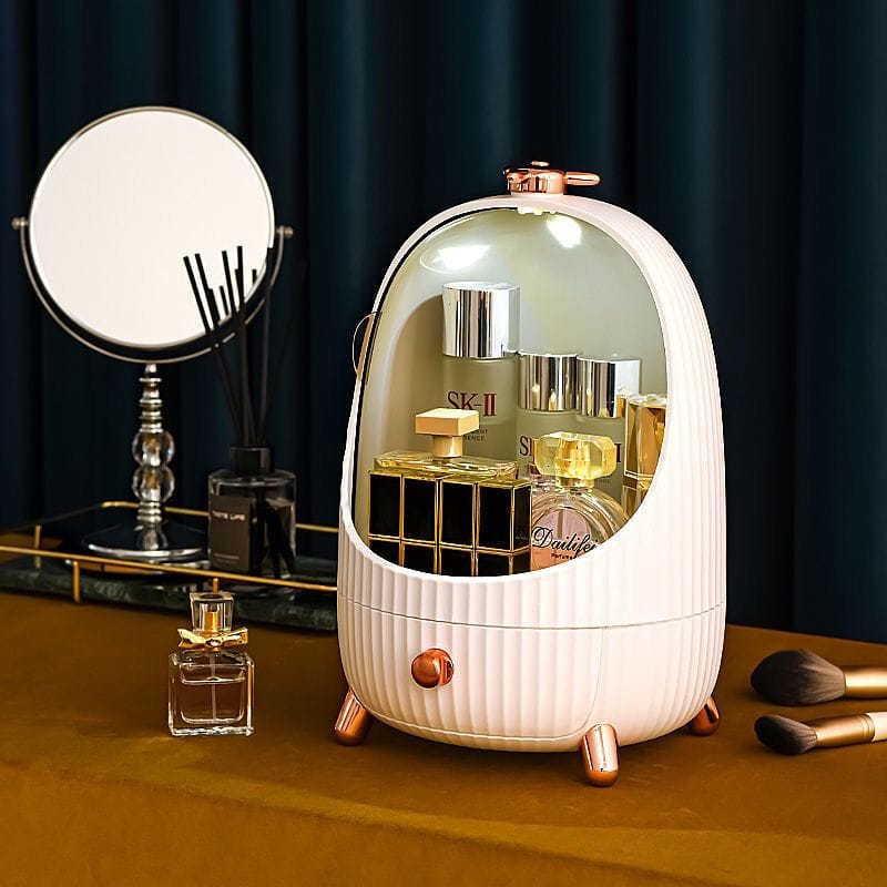 Penguin-Shaped Makeup Organizer with Drawer & Mirror Lid – Cosmetic Storage Box | Green with Rose Gold