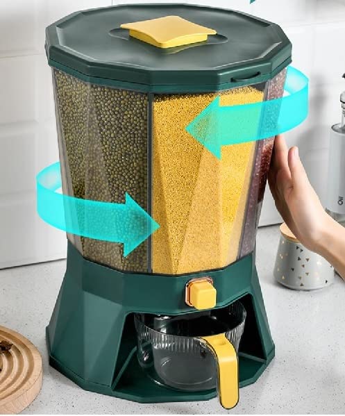 Kitchen Grain Bucket – 4-Compartment Rotatable Rice & Dry Food Dispenser | 28.5L Sealed Storage Container (Peacock Green)