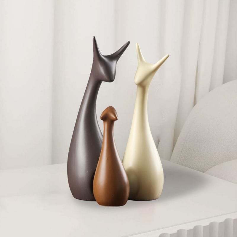 Ceramic Deer Family Statue – Set of 3 Home Decor Figurines (Black, White & Ginger)