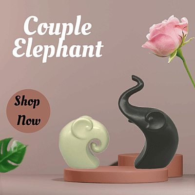 Happy Charm Ceramic Elephant Couple Figurines – Set of 2 Home Decor Statues