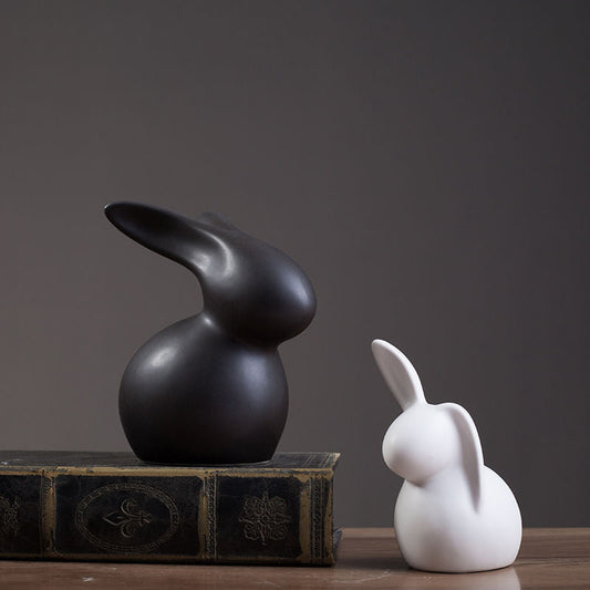 Modern Sitting Ceramic Rabbit Figurines – Set of 2 Minimalist Black & White Bunny Sculptures