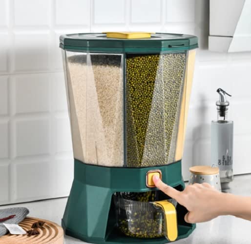 Kitchen Grain Bucket – 4-Compartment Rotatable Rice & Dry Food Dispenser | 28.5L Sealed Storage Container (Peacock Green)
