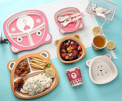 Bamboo Fiber Cartoon Kids Meal Set – Eco-Friendly Tableware (Plate, Bowl, Cup, Fork & Spoon)