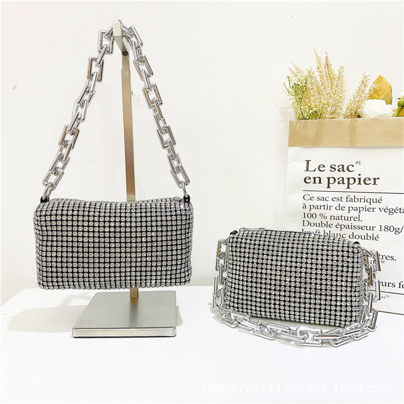 Crystal Rhinestone Evening Clutch Purse – Silver Chain Crossbody Bag with Matching Bracelet
