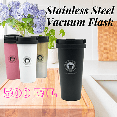 Stainless Steel Vacuum Flask 500ml – Insulated Thermos Travel Mug with Flip Lid & Mesh Filter
