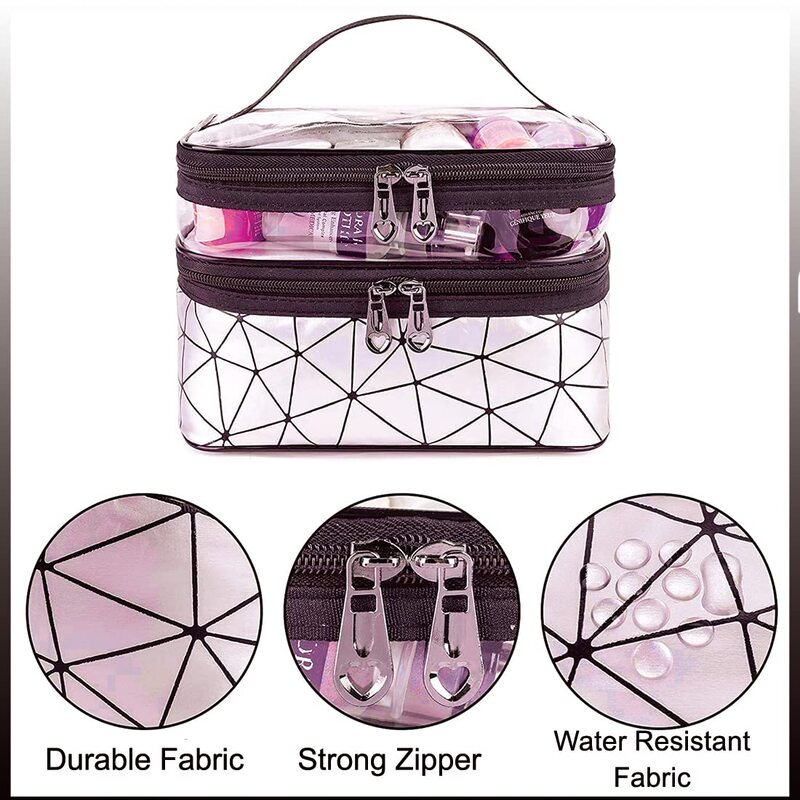 Cosmetic Sandwich Zipper Bag – Double Layer Transparent Travel Makeup Bag for Women