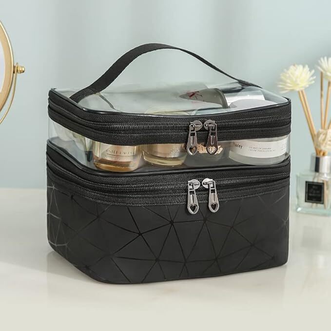 Cosmetic Sandwich Zipper Bag – Double Layer Transparent Travel Makeup Bag for Women