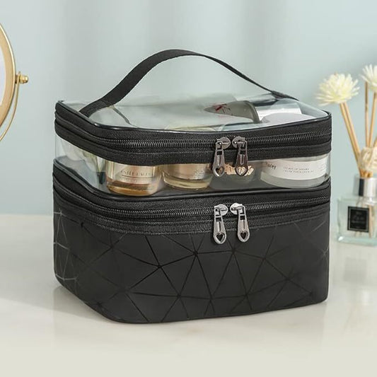 Cosmetic Sandwich Zipper Bag – Double Layer Transparent Travel Makeup Bag for Women