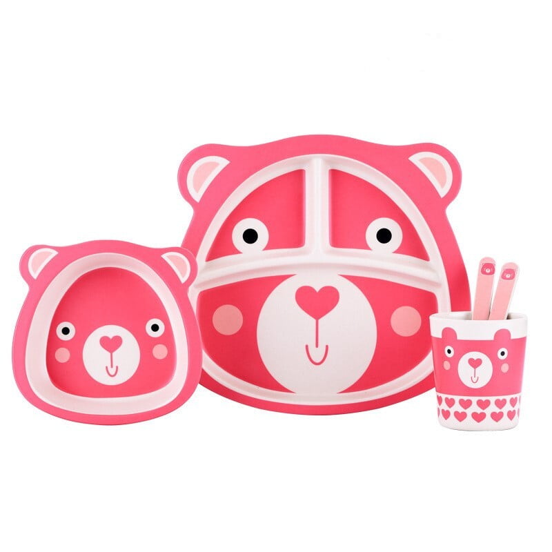 Bamboo Fiber Cartoon Kids Meal Set – Eco-Friendly Tableware (Plate, Bowl, Cup, Fork & Spoon)