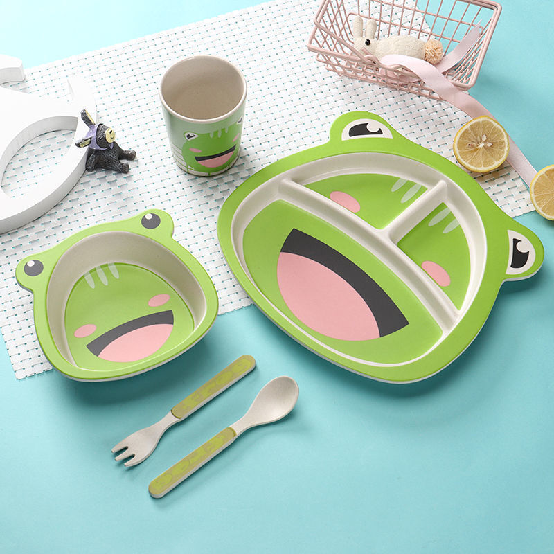 Bamboo Fiber Cartoon Kids Meal Set – Eco-Friendly Tableware (Plate, Bowl, Cup, Fork & Spoon)