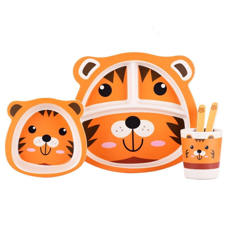 Bamboo Fiber Cartoon Kids Meal Set – Eco-Friendly Tableware (Plate, Bowl, Cup, Fork & Spoon)