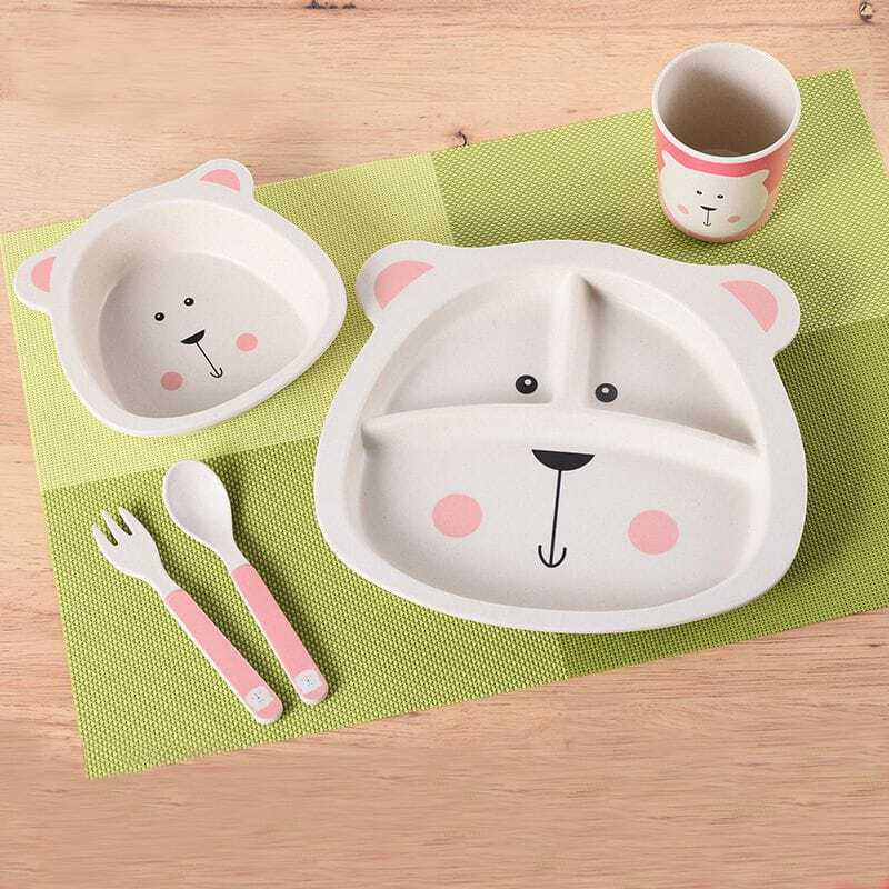 Bamboo Fiber Cartoon Kids Meal Set – Eco-Friendly Tableware (Plate, Bowl, Cup, Fork & Spoon)