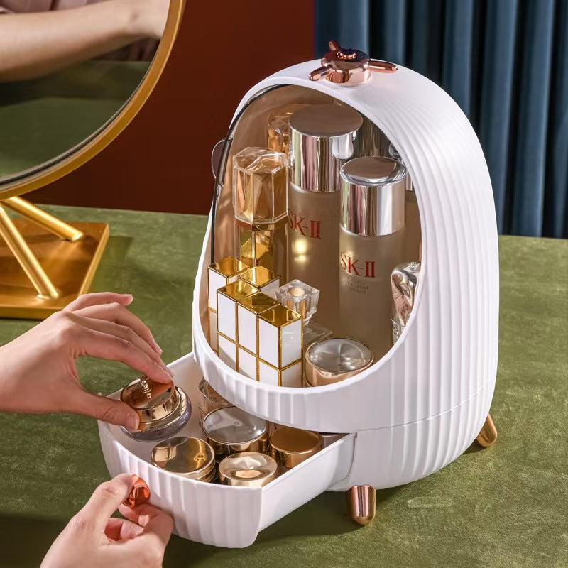 Penguin-Shaped Makeup Organizer with Drawer & Mirror Lid – Cosmetic Storage Box | Green with Rose Gold