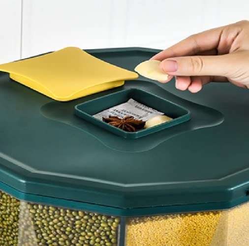 Kitchen Grain Bucket – 4-Compartment Rotatable Rice & Dry Food Dispenser | 28.5L Sealed Storage Container (Peacock Green)