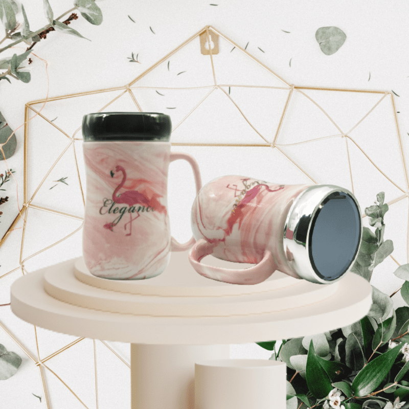 Flamingo Marble Mirror Cup with Lid – Nordic Stone Pattern Ceramic Mug 400ml