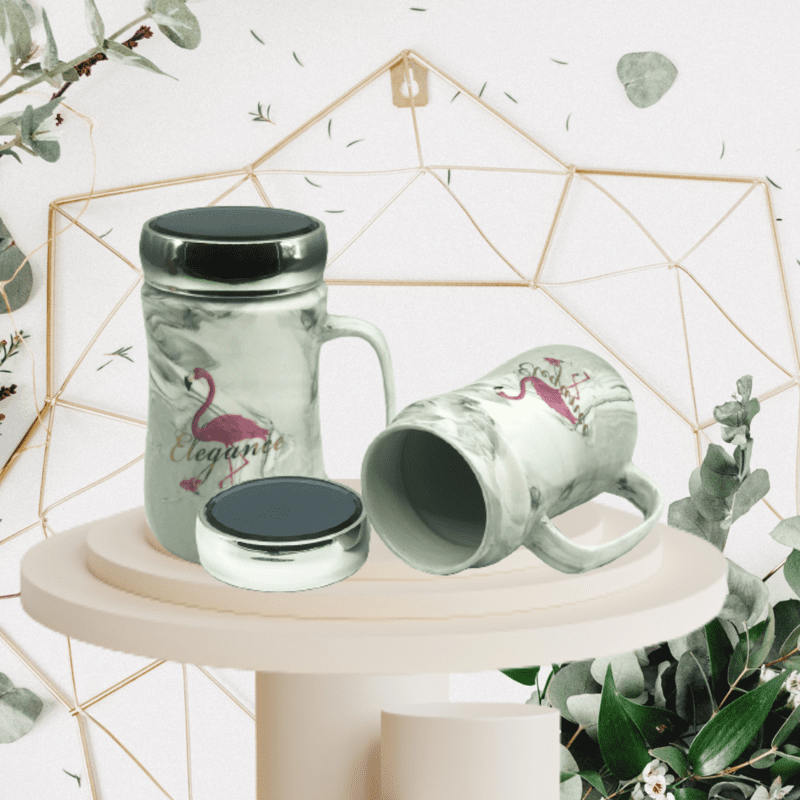 Flamingo Marble Mirror Cup with Lid – Nordic Stone Pattern Ceramic Mug 400ml